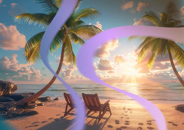 An AI visualization of an myelofibrosis patient's perfect day, showing a beach at sunset with lounge chairs.
