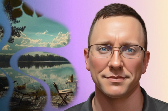 Ben, a middle-aged man with myelofibrosis, poses in front of an AI-generated image of a picnic at the lake.