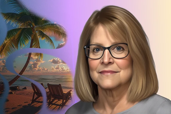 Marilyn, a woman with myelofibrosis, poses in front of an AI-generated image of a beach at sunset.