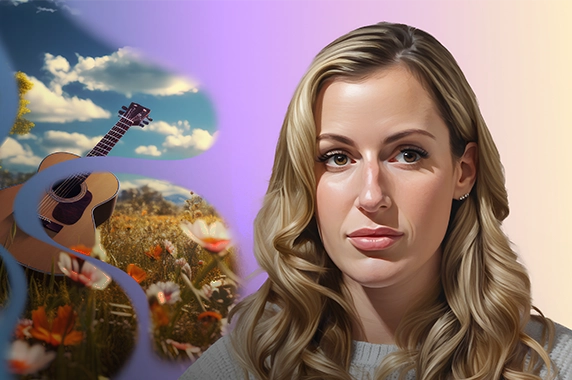 Chelsea, a young woman with polycythemia vera, stands in front of an AI-generated background of pink clouds and looks upwards.