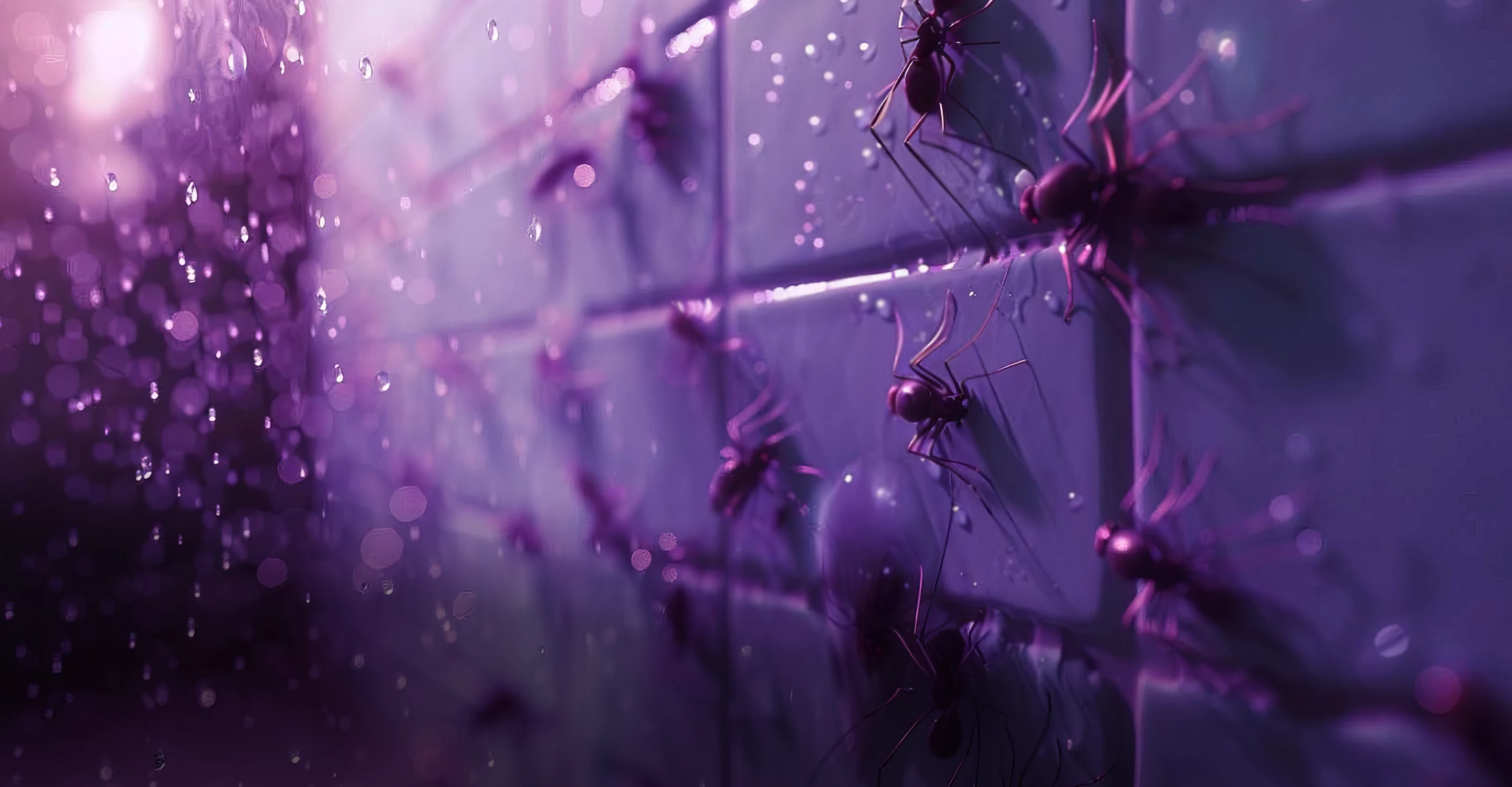 An AI visualization of myelofibrosis symptoms, showing a purple tiled wall covered in large ants.