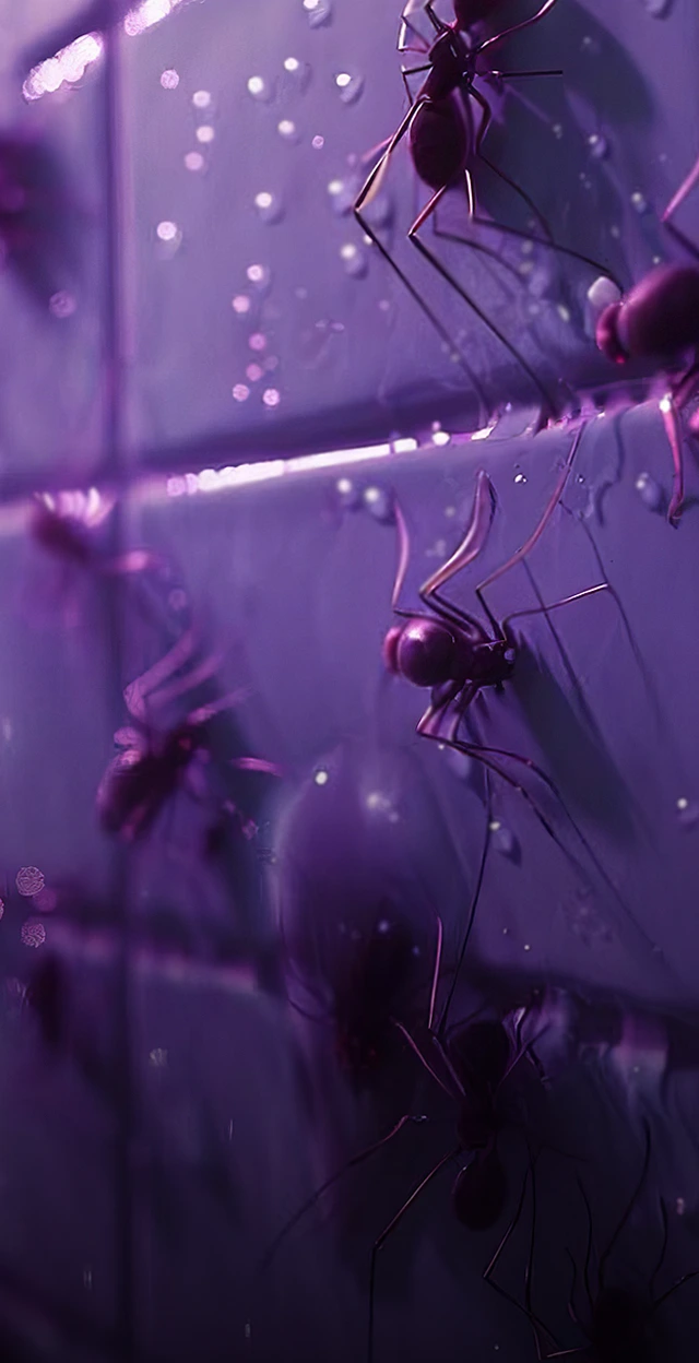 An AI visualization of myelofibrosis symptoms, showing a purple tiled wall covered in large ants.