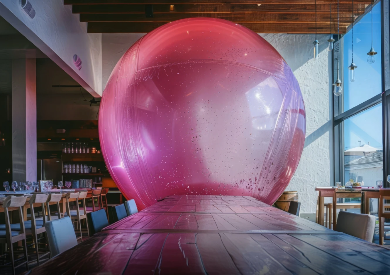 An AI visualization of myelofibrosis symptoms, expressing fatigue with an image of a huge pink balloon filling a room. 