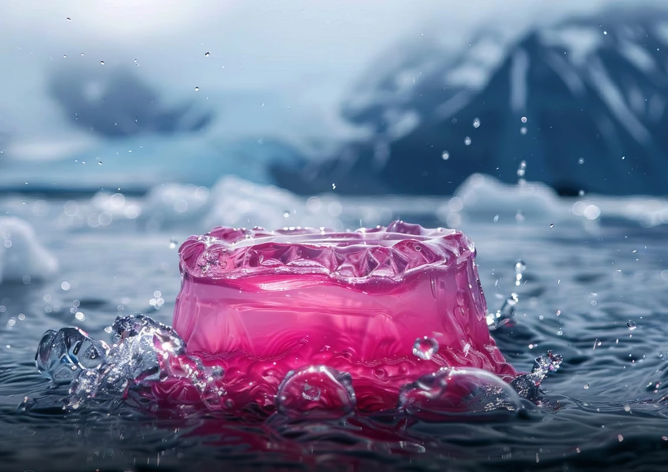 An AI visualization of myelofibrosis symptoms, expressing fever with pink gelatin in front of snowy mountains.