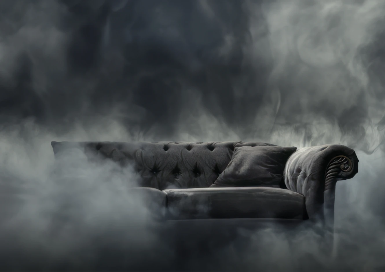 An AI visualization of polycythemia vera symptoms, expressing brain fog with the image of fog surrounding a gray couch.