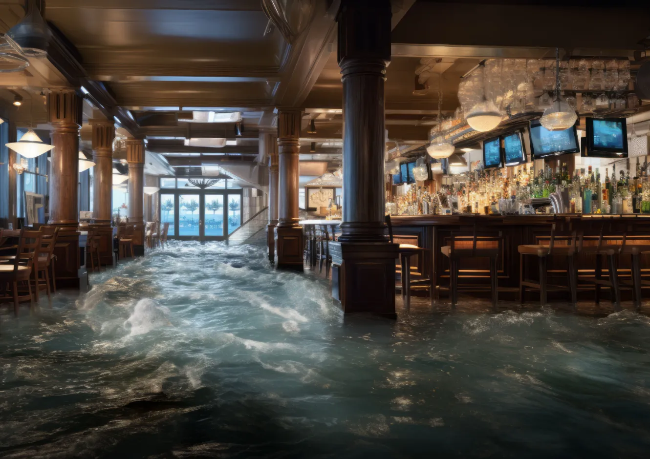 An AI visualization of polycythemia vera symptoms, expressing fatigue with a restaurant and bar flooding with water.