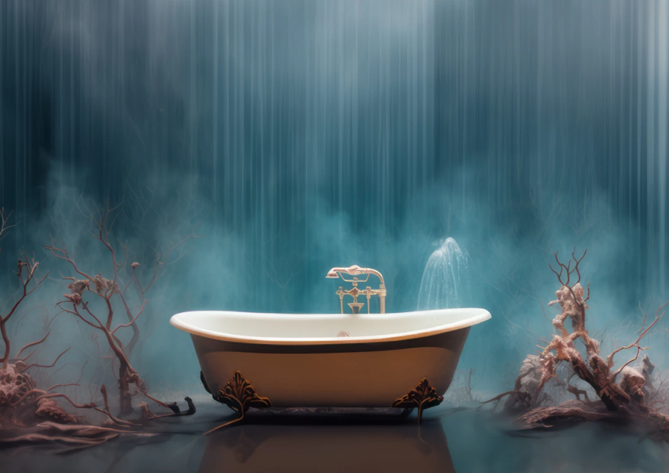 An AI visualization of polycythemia vera symptoms, expressing itching with an image of a bathtub surrounded by barbs.