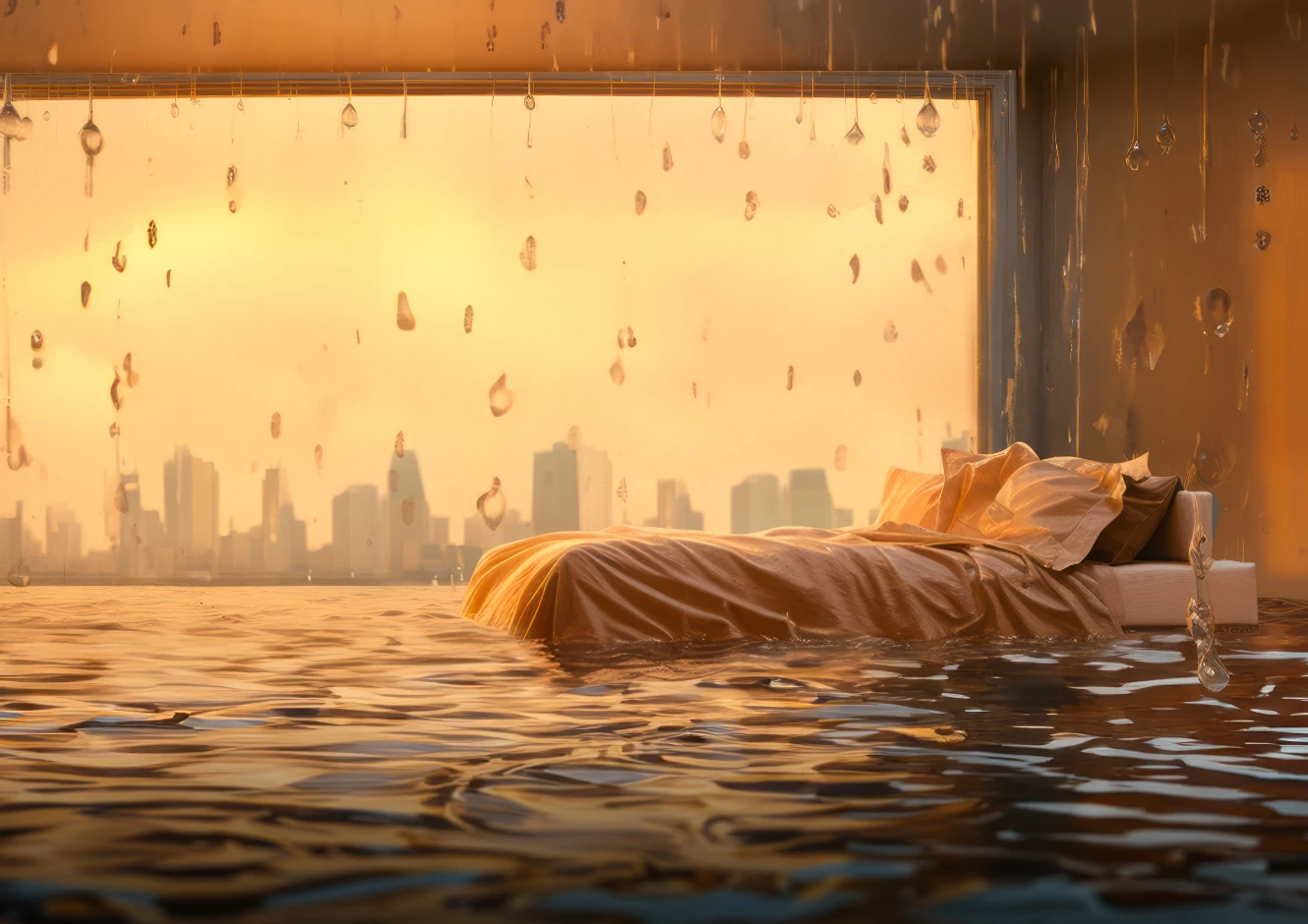 An AI visualization of polycythemia vera symptoms, expressing night sweats with an image of a bed floating in water.