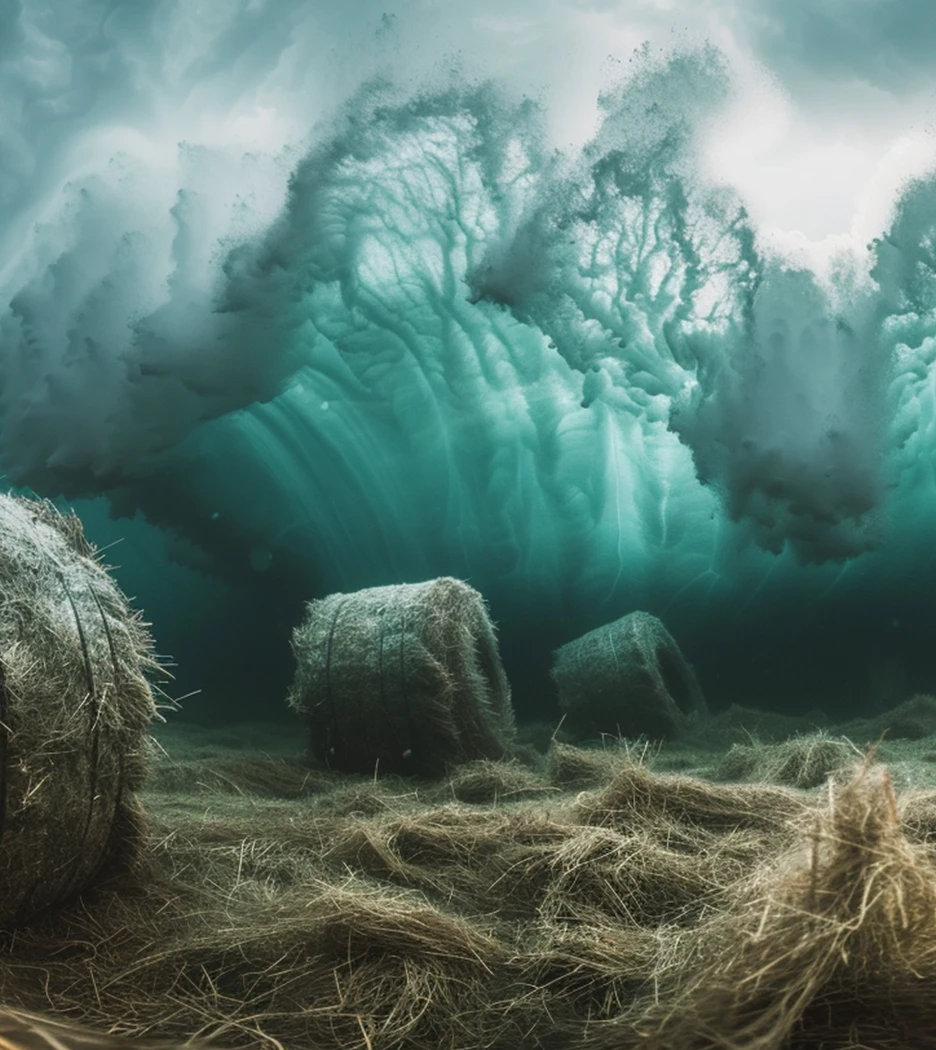 An AI visualization of myelofibrosis symptoms, expressing fatigue with the image of an ocean wave crashing over a hay field.