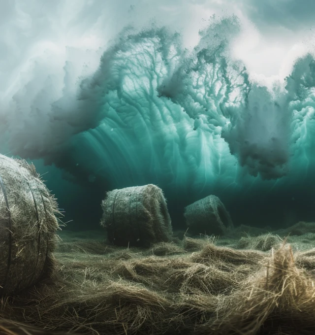 An AI visualization of myelofibrosis symptoms, expressing fatigue with the image of an ocean wave crashing over a hay field.