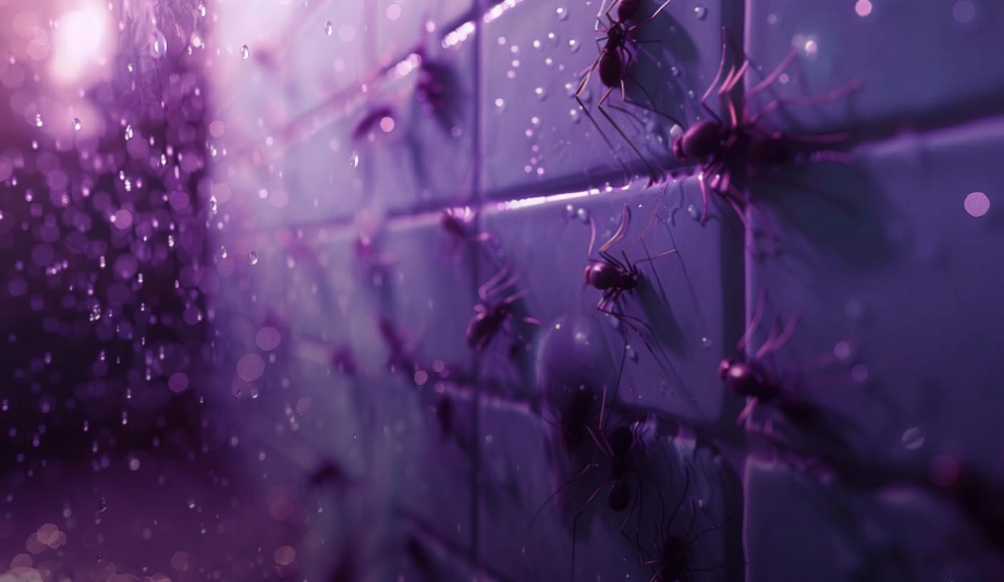 An AI visualization of myelofibrosis symptoms, showing a purple tiled wall covered in large ants.