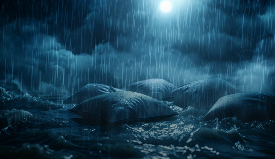 An AI visualization of myelofibrosis symptoms, expressing night sweats with the image of rain falling on wet pillows. 