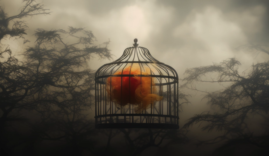 An AI visualization of polycythemia vera symptoms, showing an oversized floating birdcage filled with orange smoke against a cloudy sky.