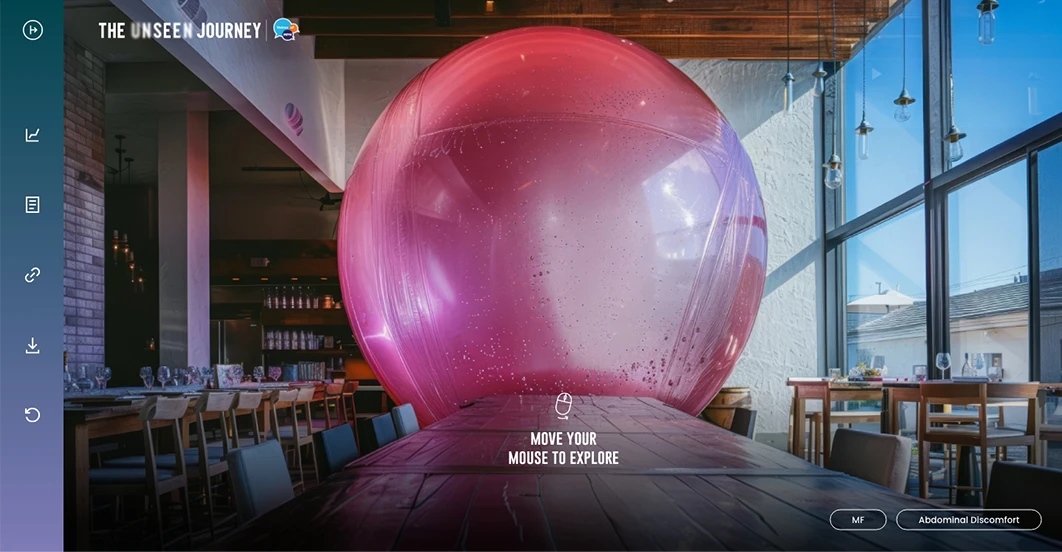 An AI visualization of myelofibrosis symptoms, expressing fatigue with an image of a huge pink balloon filling a room.