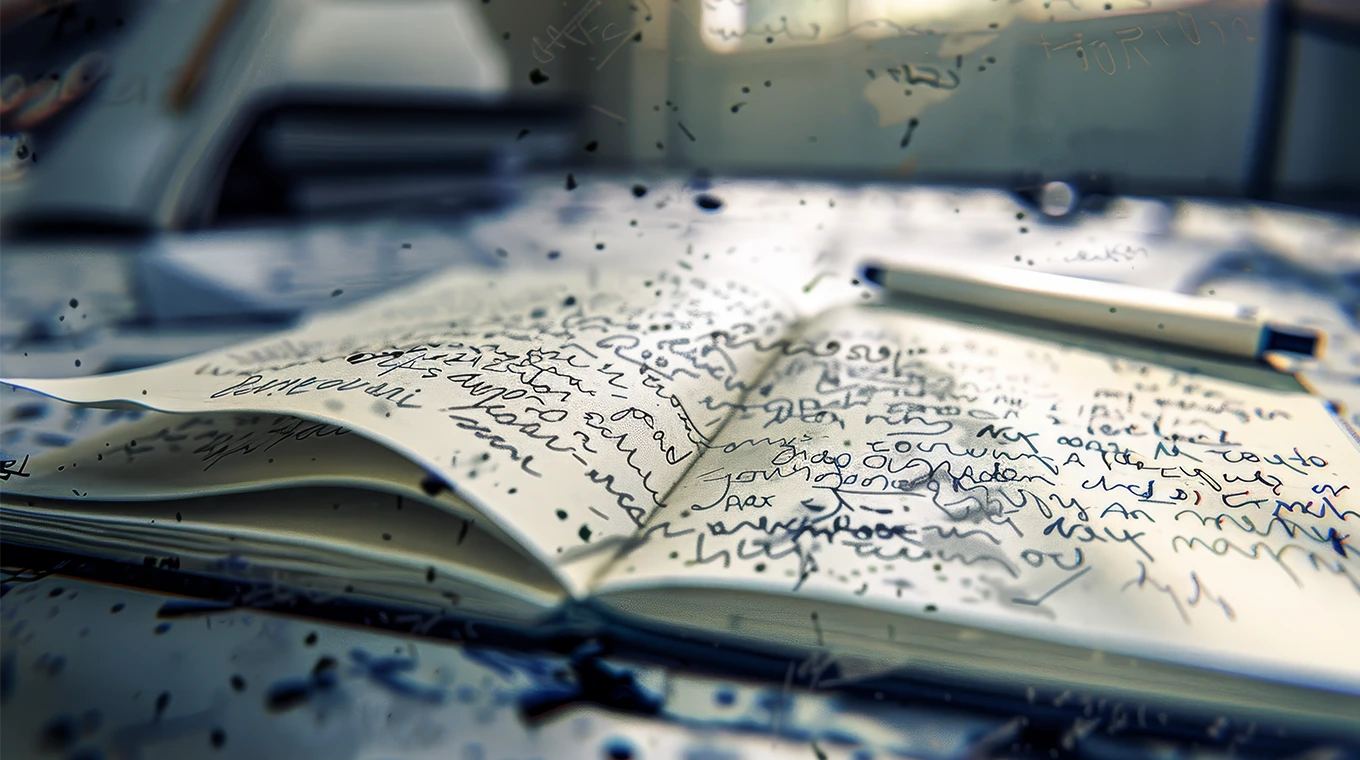 An AI visualization of myelofibrosis symptoms, expressing brain fog with a notebook full of illegible scribbles.