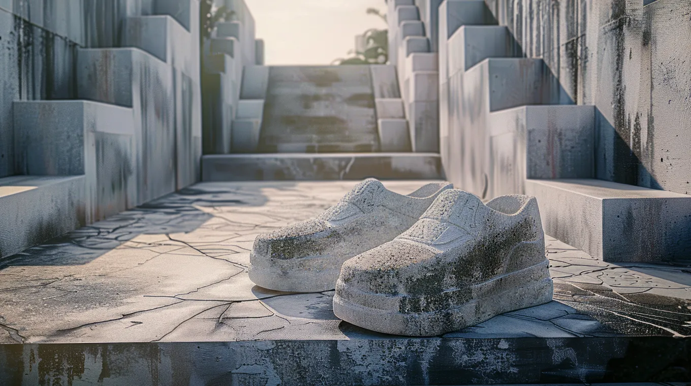 An AI visualization of myelofibrosis symptoms, expressing fatigue with a pair of cement shoes set on stone stairs.