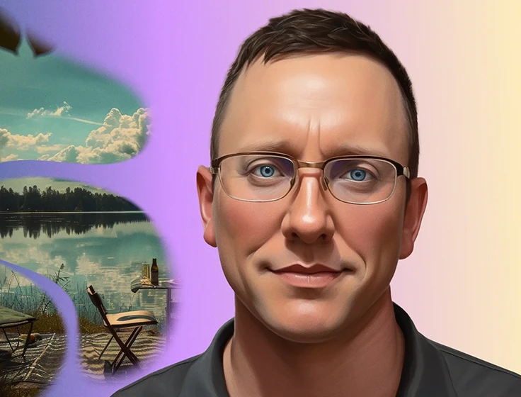 Ben, a middle-aged man with myelofibrosis, poses in front of an AI-generated image of a picnic at the lake.