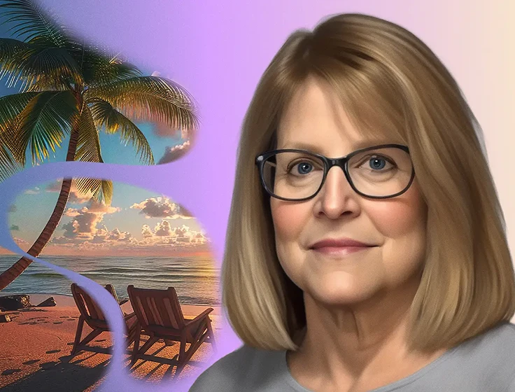 Marilyn, a woman with myelofibrosis, poses in front of an AI-generated image of a beach at sunset.