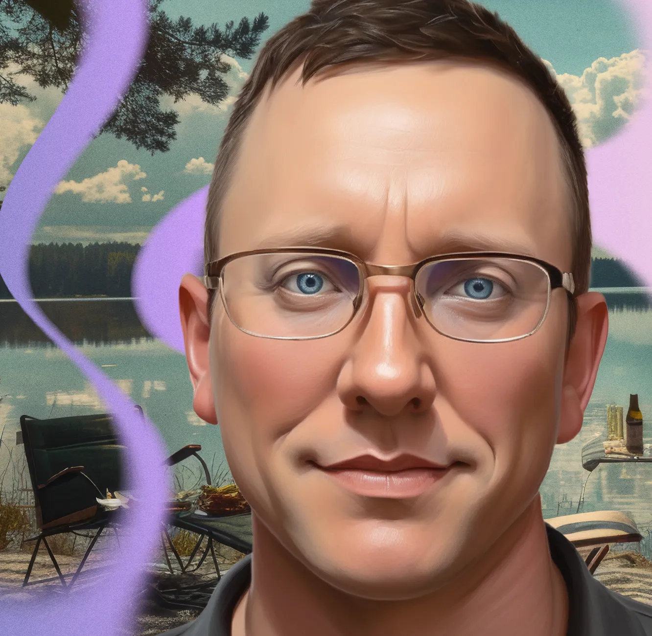 Ben, a middle-aged man with myelofibrosis, poses in front of an AI-generated image of a picnic at the lake.