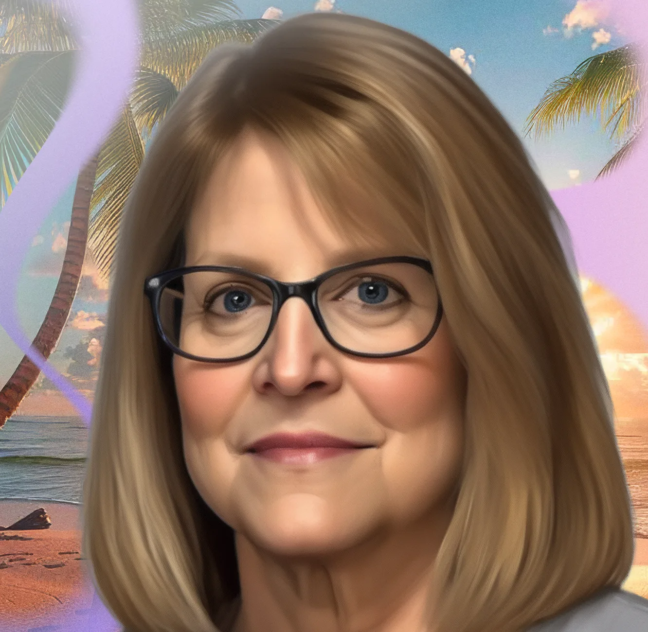 Marilyn, a woman with myelofibrosis, poses in front of an AI-generated image of a beach at sunset.