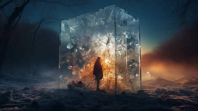An AI visualization of polycythemia vera symptoms, expressing brain fog with the image of a woman encased in glass.