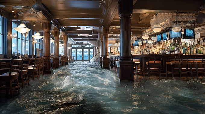 An AI visualization of polycythemia vera symptoms, expressing fatigue with a restaurant and bar flooding with water.