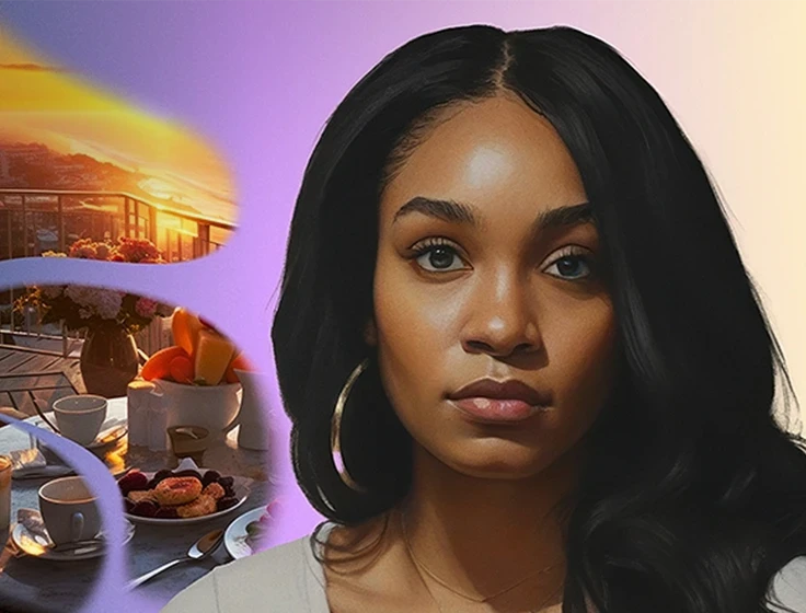 Ashlee, a young woman with polycythemia vera, poses in front of an AI-generated image of a table set for tea on a patio at sunset.