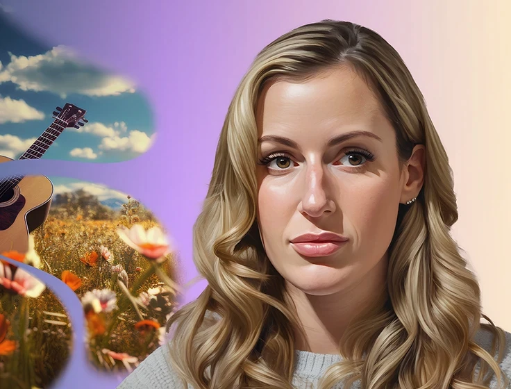 Chelsea, a young blonde woman with polycythemia vera, poses in front of an AI-generated image of a guitar in a field.