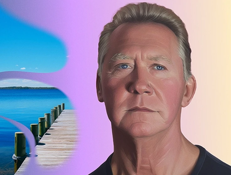 Dave, an older man with polycythemia vera, stands superimposed in front of an AI-generated image of a pier leading out to water.