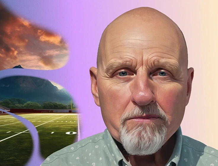 Mickey, an older man with polycythemia vera, stands superimposed in front of an AI-generated image of a football field.