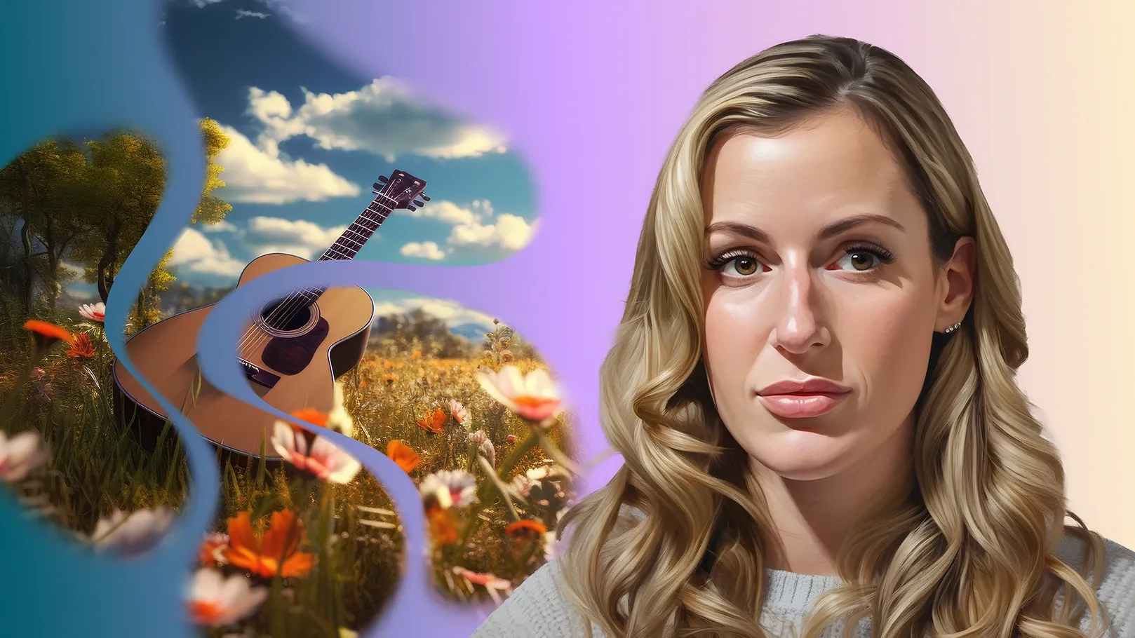 Chelsea, a young blonde woman with polycythemia vera, poses in front of an AI-generated image of a guitar in a field.