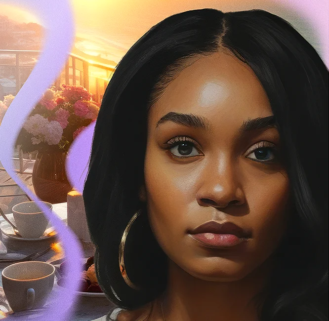 Ashlee, a young woman with polycythemia vera, poses in front of an AI-generated image of a table set for tea on a patio at sunset.