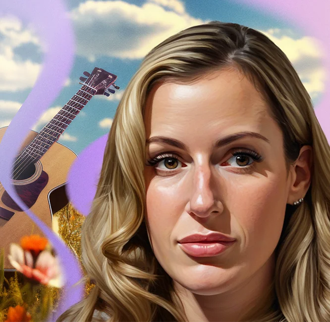Chelsea, a young blonde woman with polycythemia vera, poses in front of an AI-generated image of a guitar in a field.