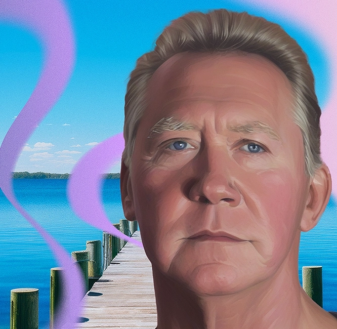Dave, an older man with polycythemia vera, stands superimposed in front of an AI-generated image of a pier leading out to water