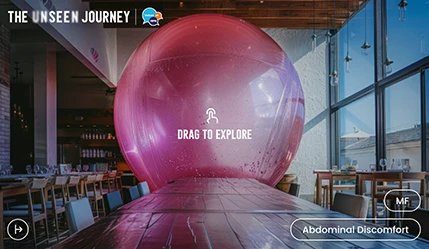 An AI visualization of myelofibrosis symptoms, expressing fatigue with an image of a huge pink balloon filling a room.