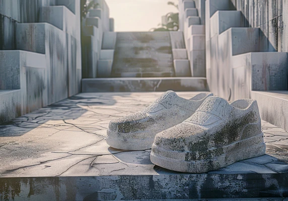 An AI visualization of myelofibrosis symptoms, expressing fatigue with a pair of cement shoes set on stone stairs.