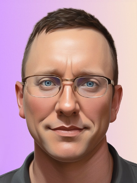 Ben, a middle-aged man with myelofibrosis, poses in front of an AI-generated image of a picnic at the lake.