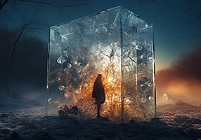 An AI visualization of polycythemia vera symptoms, expressing brain fog with the image of a woman encased in glass.