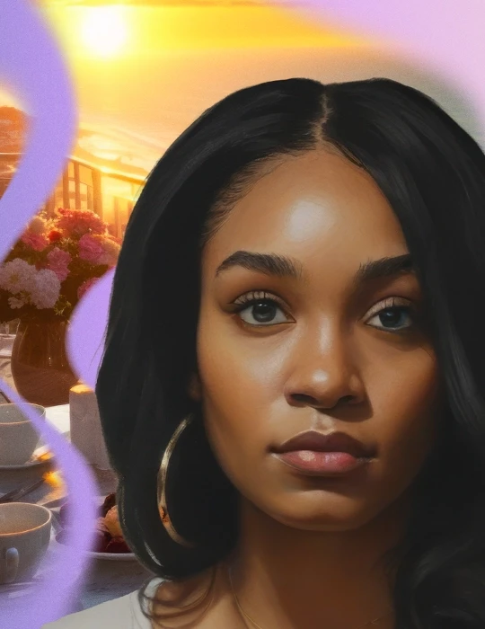 Ashlee, a young woman with polycythemia vera, poses in front of an AI-generated image of a table set for tea on a patio at sunset.