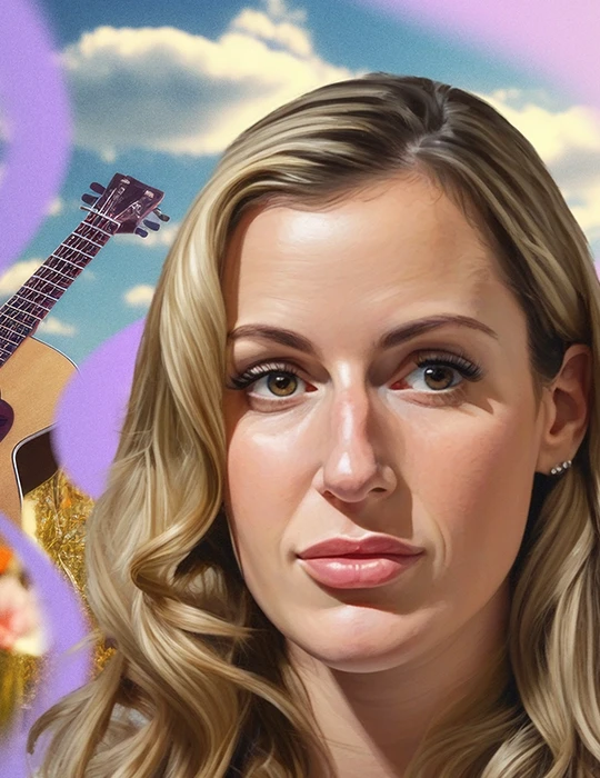 Chelsea, a young blonde woman with polycythemia vera, poses in front of an AI-generated image of a guitar in a field.