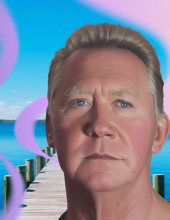 Dave, an older man with polycythemia vera, stands superimposed in front of an AI-generated image of a pier leading out to water.