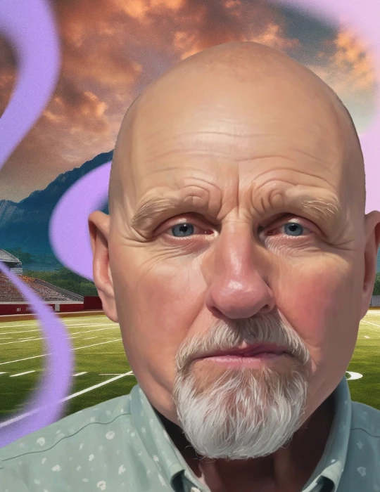 Mickey, an older man with polycythemia vera, stands superimposed in front of an AI-generated image of a football field.