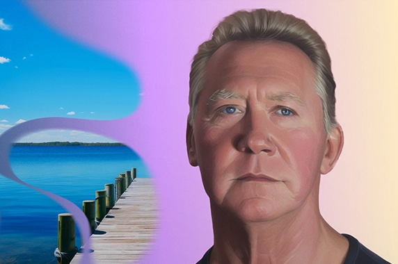 Dave, an older man with polycythemia vera, stands superimposed in front of an AI-generated image of a pier leading out to water.