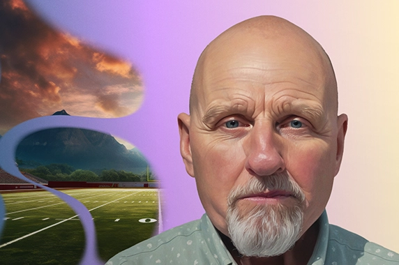Mickey, an older man with polycythemia vera, stands superimposed in front of an AI-generated image of a football field.
