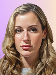 Chelsea, a young blonde woman with polycythemia vera, poses in front of an AI-generated image of a guitar in a field.