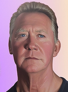 Dave, an older man with polycythemia vera, stands superimposed in front of an AI-generated image of a pier leading out to water
