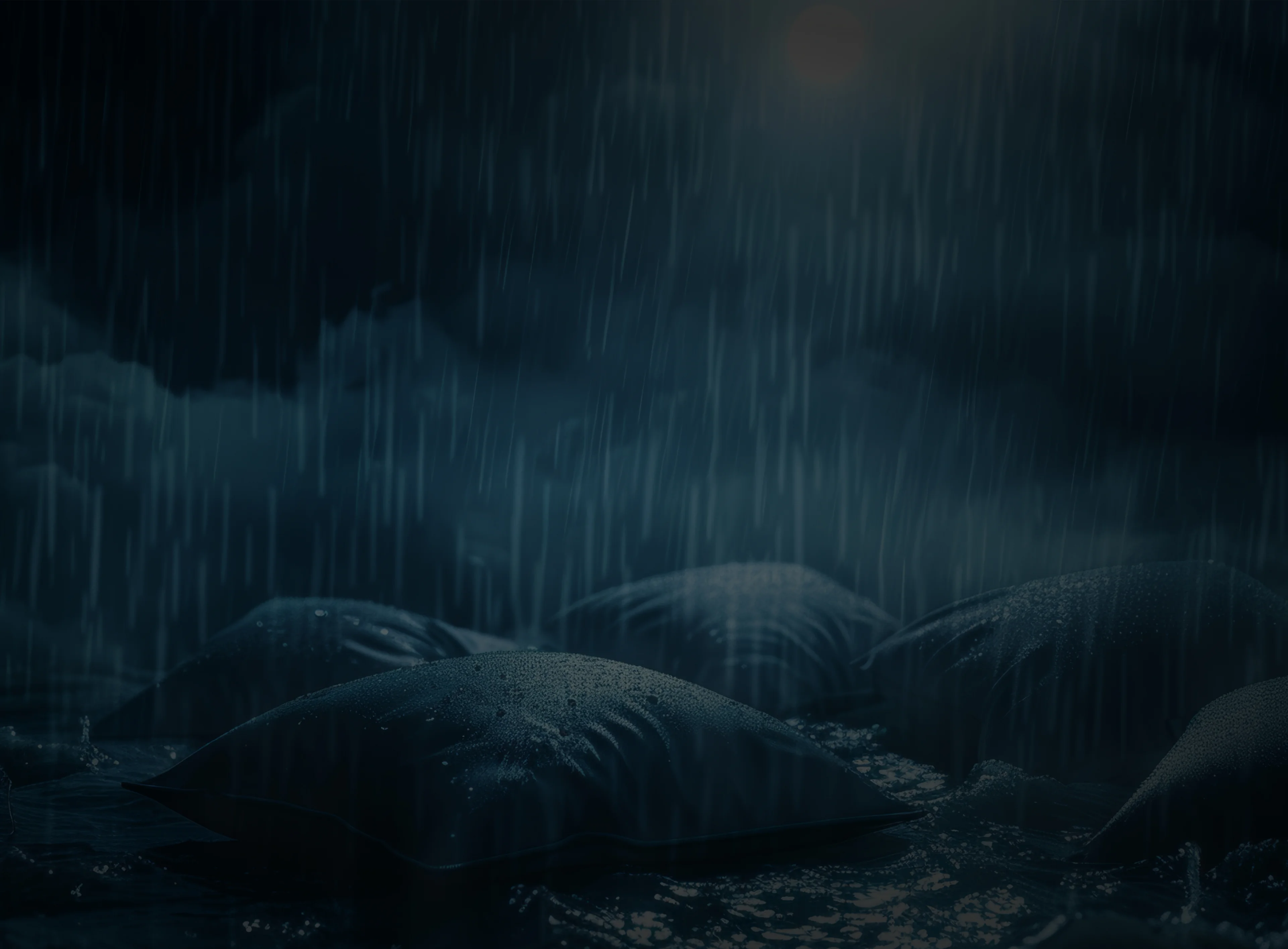 An AI visualization of myelofibrosis symptoms, expressing night sweats with the image of rain falling on wet pillows.