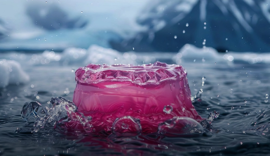 An AI visualization of myelofibrosis symptoms, expressing fever with pink gelatin in front of snowy mountains.