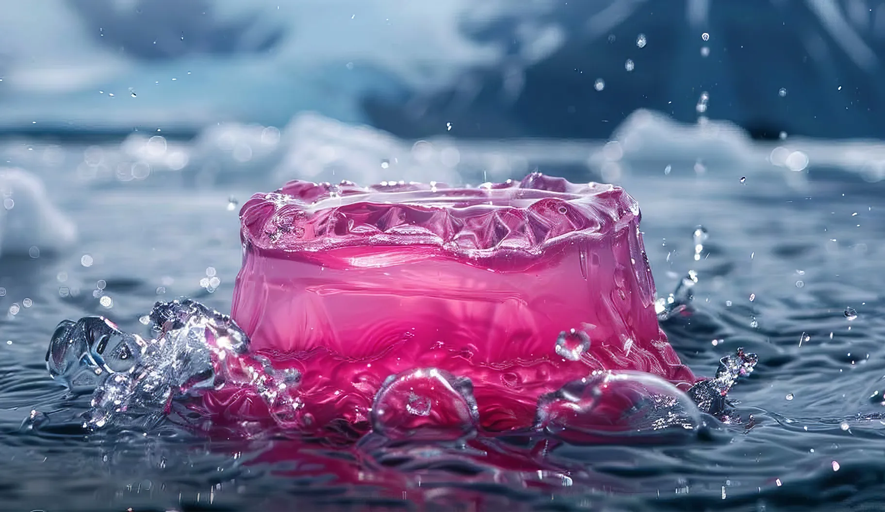 An AI visualization of myelofibrosis symptoms, expressing fever with pink gelatin in front of snowy mountains.