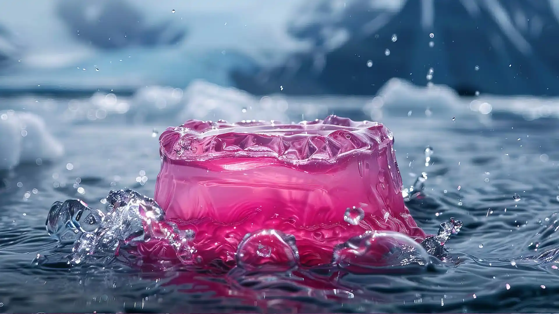 An AI visualization of myelofibrosis symptoms, expressing fever with pink gelatin in front of snowy mountains.